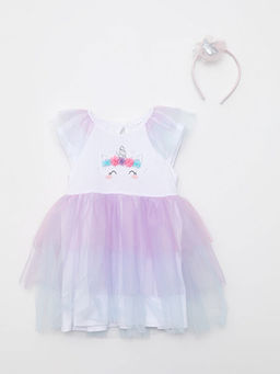 Bisiklet Yaka K?sa Kollu Bask?l? K?z Bebek Elbise ve Ta? 2li Tak?m