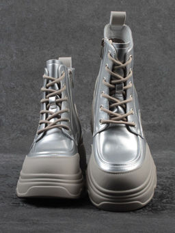 01-F591-2 GREY/SILVER Ботинки демисезонные женские (натуральная кожа, искусственная кожа)