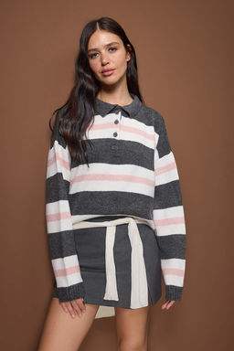 Antrasit Polo Yaka Pembe Cizgili Triko Kazak TWOAW26KZ00286