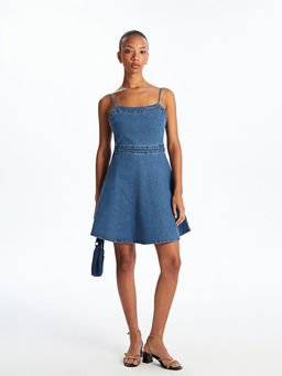 Kare Yaka Mini Jean Elbise