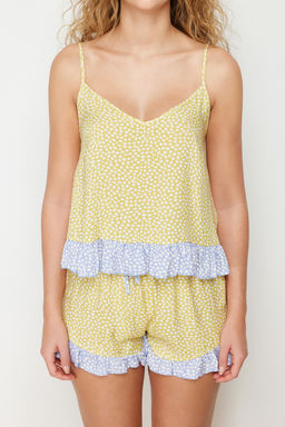 Trendyolmilla Sar?-Cok Renkli Puantiyeli F?rf?rl? Ip Ask?l? Viskon Sortlu Dokuma Pijama Tak?m? THMSS24PT00124  фото 9