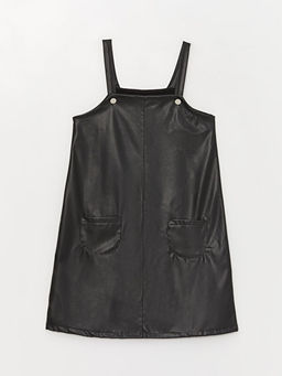 Kare Yaka Deri G?r?n?ml? K?z ?ocuk Elbise