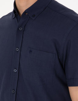 Koyu Lacivert Keten G_r_n_ml_ Regular Fit K_sa Kollu Cepli G_mlek