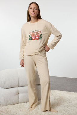 Trendyolmilla Kad?n Couple/Cift Bej %100 Pamuklu K?s Temal? Orme Pijama Tak?m? THMAW25PT00162  фото 4