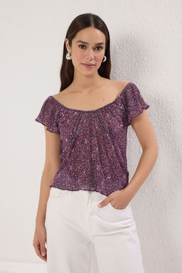 Mor Cicek Bask?l? Crop Carmen Yaka Buzgulu Kol Orme Bluz TWOSS25BZ00116