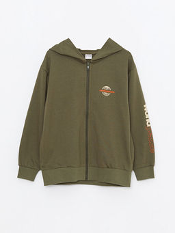 Kap??onlu Bask?l? Uzun Kollu Erkek ?ocuk Fermuarl? Sweatshirt