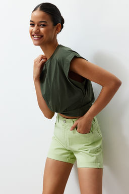 TRENDYOLMILLA Ekru Pacas? Katlamal? Yuksek Bel Denim Sort TWOSS20SR0231  фото 20