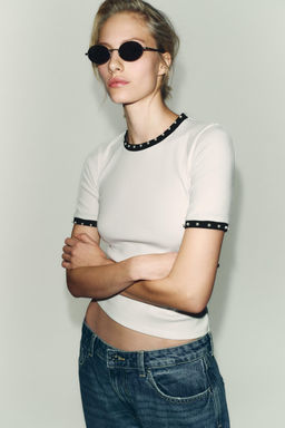 CHUNKY KNIT FAUX PEARL T-SHIRT - Zara фото 2