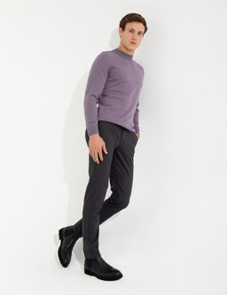 Koyu Gri Slim Fit Keten Kar___ml_ Kanvas Pantolon