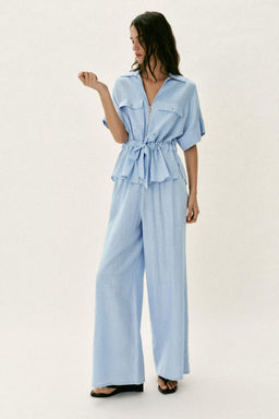 CAMISA SAFARI CON LINO / Azul claro