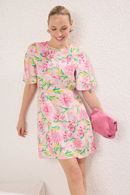 Pembe Cicekli A Kesim Viskon Mini Dokuma Elbise TWOSS24EL00632