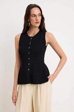 Siyah Ozel Yazl? Iplik Peplum Detayl? Bluz TWOSS26BZ00840