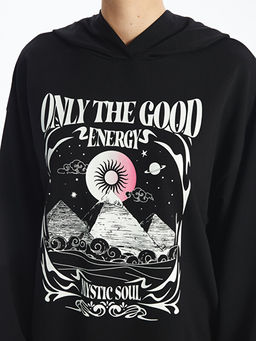 Bask?l? Uzun Kollu Oversize Kad?n Kal?n Hoodie