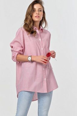 Рубашка оверсайз с длинным рукавом из хлопка в полоску на красном