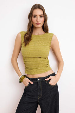 Ac?k Kahverengi Fitted/Vucuda Oturan Kay?k Yaka Kolsuz Buzgulu Dokulu Orme Bluz TWOSS26BZ00258 - Trendyolmilla фото 5