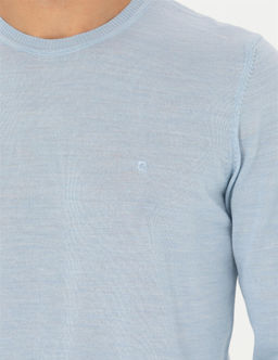A__k Mavi Slim Fit Bisiklet Yaka Y_n Kar___ml_ Basic Triko Kazak