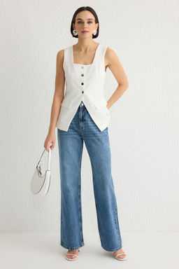 TRENDYOLMILLA Beyaz Fitted Kare Yaka Kal?n Ask?l? Dokuma Yelek TWOSS25YE00026  фото 6