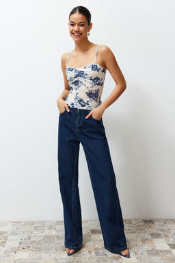 Mavi Cicek Bask?l? Ayarlanabilir Ask?l? Dokulu Ask?l? Esnek Orme Bluz TWOSS24BZ00425 - Trendyolmilla фото 3