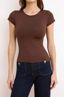 Kahverengi Poliamid K?sa Kol Bisiklet Yaka Fitted/Vucuda Oturan Orme T-Shirt TWOSS24TS00238