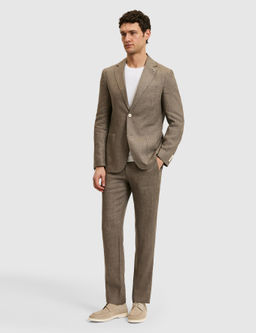 Kahverengi Slim Fit %100 Keten Mikro Desen Mono Yaka Ceket