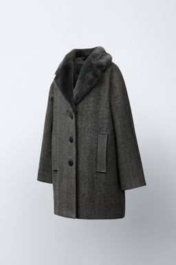 HERRINGBONE COAT WITH WOOL AND FAUX FUR COLLAR - Zara фото 2