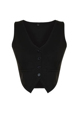 Siyah Duz Slim Regular Dugme Detayl? Crop Yelek TWOSS23YE00037