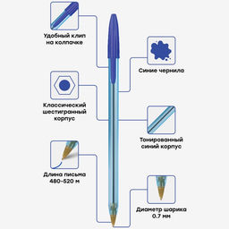 Цена за 50 шт. Ручка шариковая 0.7мм, синяя, прозрачный корпус "LC-Blue"