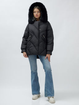 Полупальто женское зимние с мехом песец люкс класса черного цвета 6227Ch - Visdeer фото 6