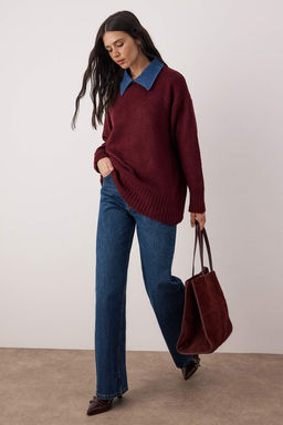 Bordo Denim Yaka Garnili Yumusak Dokulu Triko Kazak TWOAW26KZ00278 - Trendyolmilla фото 2