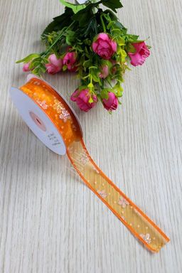 Лента органза 2,5 см*20 ярд Цветочки с блестками (SF-717) оранжевый №25 - No name фото 2