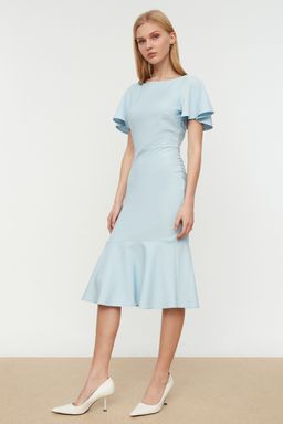 Mavi Fitted/Vucuda Oturan Volanl? Astarl? Midi Dokuma Elbise TWOSS20EL1342