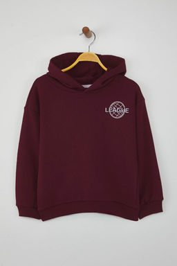 Bordo Pamuklu Slogan Bask?l? Kapusonlu Oversize Orme Unisex Cocuk Sweatshirt TKDAW26SW00010