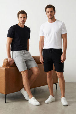2li Paket Siyah-Gri Regular/Normal Kesim Dokulu Kordonlu Sort & Bermuda TMNSS23SR00076