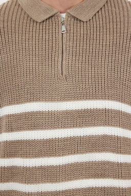 TRENDYOL MAN Vizon Casual Oversize Polo Yaka Cizgili Triko Kazak TMNAW24KZ00018 - Trendyolmilla фото 21