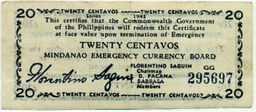 Банкнота 20 сентаво 1943 года Филиппины (Минданао, Администрация США)