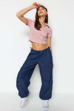 Trendyolmilla Siyah Fitted/Vucuda Oturan Crop Polo Yaka Fitilli Esnek Orme Bluz TWOSS21BZ0038  фото 11