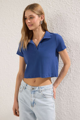 Indigo Polo Yaka Relaxed/Rahat Kal?p Crop Orme T-Shirt TWOSS25TS00117