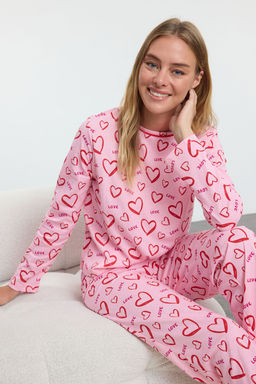 Trendyolmilla Pembe-Cok Renkli %100 Pamuklu Kalpli Biye Detayl? Orme Pijama Tak?m? THMAW25PT00191