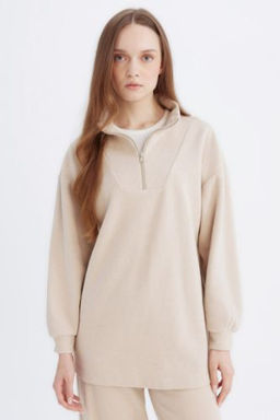 Regular Fit Yar?m Fermuarl? Dik Yaka Selanik Kumas Basic Duz Uzun Kollu Tunik