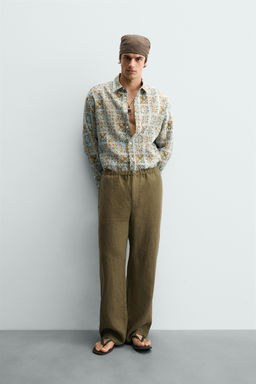PANTAL?N RELAXED FIT 100% LINO / Khaki oscuro