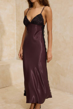 Kahverengi Dantel Detayl? Dokuma Saten Maxi Astars?z S?k/Gece Elbise TPRSS26EL00024 - Trendyolmilla фото 3