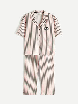 G?mlek Yaka ?izgili Kad?n Pijama Tak?m