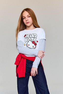 %100 Pamuk Hello Kitty Bisiklet Yaka Uzun Kollu Ti__rt K_z _ocuk