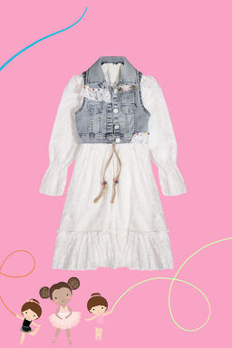 K?z Cocuk Ekru Dantel Detayl? Denim Yelek Kemerli Uzun Kollu Elbise Set Tak?m TKDSS24EL00013 - Trendyolmilla фото 2