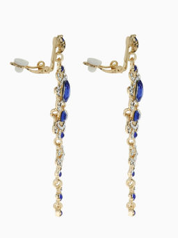 Клипсы для ушей висячие со стразами QF Ажур, капли с завитками, цвет бело-синий в золоте