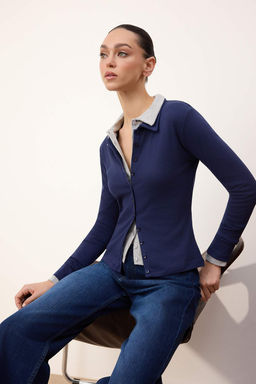 Gri Melanj Fitted/Vucuda Oturan Polo Yaka Dugmeli Pamuk Ribana Orme Bluz TWOSS26BZ00066 - Trendyolmilla фото 9