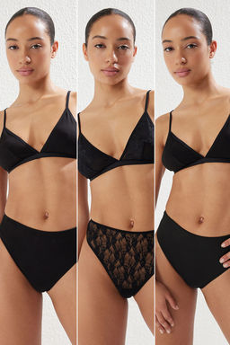 Trendyolmilla Siyah 3lu Paket Dantel, Pamuklu ve Micro Kumas Tanga Orme Kulot THMSS25KU00013