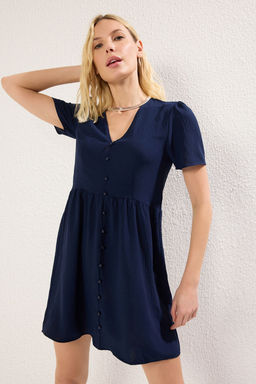 Lacivert Duz Etegi Belden Ac?lan Dugme Detayl? Mini Dokuma Elbise TWOSS25EL00401