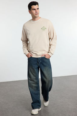 Tas Oversize/Genis Kesim Bask? ve Nak?sl? Ici Polarl? Sweatshirt TMNAW25SW00153