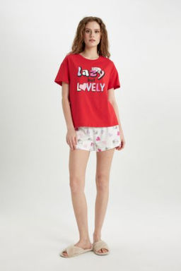 Fall in Love Pijama Tak?m? Regular Fit Bask?l? K?sa Kollu Ust Sort